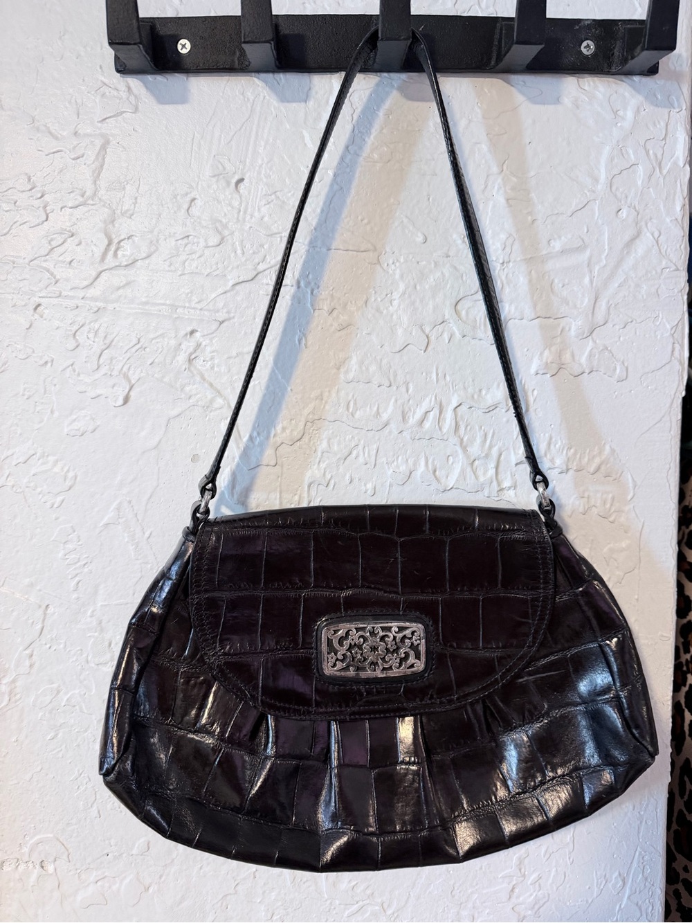 Brighton Black Croc-Embossed Shoulder Bag with Decorative Plaque